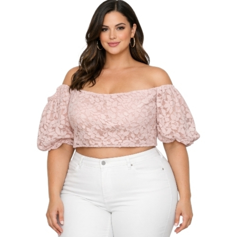 eloquii pink floral lace crop top off shoulder puff sleeve blouse 16 coquette